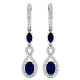 18K White Gold Each Oval Cut Blue Sapphire & Round Diamond Ladies Infinity Drop Earrings