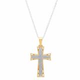 Round White Diamond Religious Cross Pendant with 18 Inch Silver Chain for Men (0.20 ctw Color I-J Clarity I1-I2) in 18K Yellow Gold