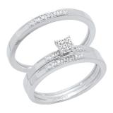 0.07 Carat (ctw) 10K White Gold Round Cut Diamond Men & Women's Engagement Ring Bridal Trio Set