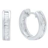 0.18 Carat (ctw) 10K White Gold Baguette Cut White Diamond Ladies Hoop Earrings