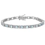 Sterling Silver 5X4 MM Oval Cut Aquamarine & 1.5 MM Round Cut White Sapphire Ladies Tennis Bracelet