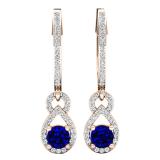 10K Rose Gold Round Cut Each 4 MM Blue Sapphire & White Diamond Ladies Dangling Drop Earrings