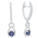 10K White Gold Round Cut Each 4 MM Blue Sapphire & White Diamond Ladies Dangling Drop Earrings