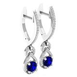 10K White Gold Round Cut Each 4 MM Blue Sapphire & White Diamond Ladies Dangling Drop Earrings