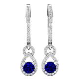 10K White Gold Round Cut Each 4 MM Blue Sapphire & White Diamond Ladies Dangling Drop Earrings
