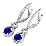 10K White Gold Round Cut Each 4 MM Blue Sapphire & White Diamond Ladies Dangling Drop Earrings