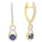 10K Yellow Gold Round Cut Each 4 MM Blue Sapphire & White Diamond Ladies Dangling Drop Earrings