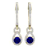 10K Yellow Gold Round Cut Each 4 MM Blue Sapphire & White Diamond Ladies Dangling Drop Earrings