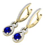 10K Yellow Gold Round Cut Each 4 MM Blue Sapphire & White Diamond Ladies Dangling Drop Earrings