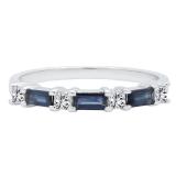 10K White Gold 4X2 MM Baguette Cut Blue Sapphire & Princess Cut Diamond Ladies Wedding Band
