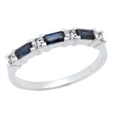 14K White Gold 4X2 MM Baguette Cut Blue Sapphire & Princess Cut Diamond Ladies Wedding Band