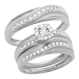 0.35 Carat (ctw) 10K White Gold Round White Diamond Men & Women's Engagement Ring Trio Set 1/3 CT