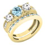 10K Yellow Gold Round Aquamarine & White Diamond Ladies Bridal 3 Stone Engagement Ring Set