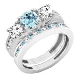 18K White Gold Round Aquamarine & White Diamond Ladies Bridal 3 Stone Engagement Ring Set