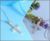 0.18 Cttw Round White Diamond Micro-Pave Cross Slider Unisex Pendant Necklace with 18 inch Silver Chain in 14K Yellow Gold