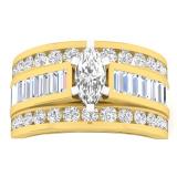 IGI CERTIFIED 1.85 Carat (ctw) 14K Yellow Gold Marquise Baguette & Round Cut Diamond Ladies Ring