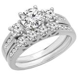 1.80 Carat (ctw) 10K White Gold Round Diamond Bridal 3 Stone Engagement Ring With Matching Band Set