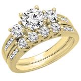 1.80 Carat (ctw) 10K Yellow Gold Round Diamond Bridal 3 Stone Engagement Ring With Matching Band Set