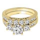 1.80 Carat (ctw) 18K Yellow Gold Round Diamond Bridal 3 Stone Engagement Ring With Matching Band Set