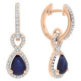 10K Rose Gold 7X5 MM Pear Cut Blue Sapphire & Round White Diamond Ladies Dangling Drop Earrings