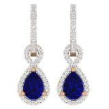 10K Rose Gold 7X5 MM Pear Cut Blue Sapphire & Round White Diamond Ladies Dangling Drop Earrings