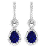 10K White Gold 7X5 MM Pear Cut Blue Sapphire & Round White Diamond Ladies Dangling Drop Earrings