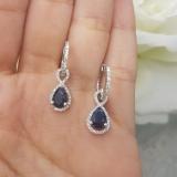 10K White Gold 7X5 MM Pear Cut Blue Sapphire & Round White Diamond Ladies Dangling Drop Earrings
