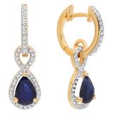 10K Yellow Gold 7X5 MM Pear Cut Blue Sapphire & Round White Diamond Ladies Dangling Drop Earrings
