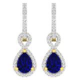 10K Yellow Gold 7X5 MM Pear Cut Blue Sapphire & Round White Diamond Ladies Dangling Drop Earrings