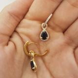 10K Yellow Gold 7X5 MM Pear Cut Blue Sapphire & Round White Diamond Ladies Dangling Drop Earrings