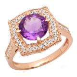 10K Rose Gold 8 MM Round Cut Amethyst And Diamond Ladies Vintage Bridal Engagement Ring
