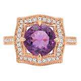 10K Rose Gold 8 MM Round Cut Amethyst And Diamond Ladies Vintage Bridal Engagement Ring