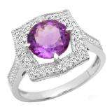10K White Gold 8 MM Round Cut Amethyst And Diamond Ladies Vintage Bridal Engagement Ring