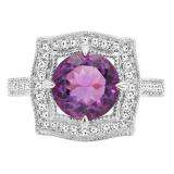 10K White Gold 8 MM Round Cut Amethyst And Diamond Ladies Vintage Bridal Engagement Ring