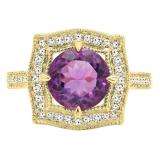 10K Yellow Gold 8 MM Round Cut Amethyst And Diamond Ladies Vintage Bridal Engagement Ring