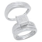0.25 Carat (ctw) Sterling Silver Round Diamond Men's & Women's Micro Pave Ring Trio Set 1/4 CT