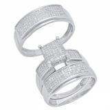 0.65 Carat (ctw) Sterling Silver Round Diamond Men's & Women's Micro Pave Engagement Ring Trio Set