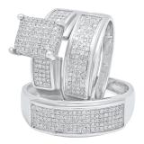 0.65 Carat (ctw) Sterling Silver Round Diamond Men's & Women's Micro Pave Engagement Ring Trio Set