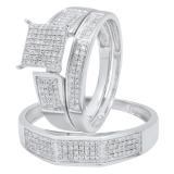 0.50 Carat (ctw) Sterling Silver Round Diamond Men's & Women's Micro Pave Ring Trio Set 1/2 CT