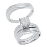 0.35 Carat (ctw) Sterling Silver Round Diamond Men's & Women's Micro Pave Ring Trio Set 1/3 CT