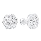 0.15 Carat (ctw) Sterling Silver Round Cut White Diamond Ladies Cluster Flower Stud Earrings