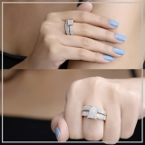 1.10 Carat Round White Diamond Micro Pave Trio Ring Set for Couple in 18K White Gold