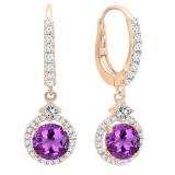 10K Rose Gold 5.5 MM Each Round Amethyst And Round & Princess White Diamond Dangling Earrings