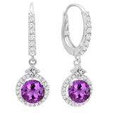 10K White Gold 5.5 MM Each Round Amethyst And Round & Princess White Diamond Dangling Earrings