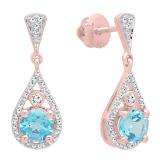 10K Rose Gold 5.5 MM Each Round Cut Blue Topaz & White Diamond Ladies Drop Earrings