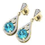 10K Yellow Gold 5.5 MM Each Round Cut Blue Topaz & White Diamond Ladies Drop Earrings