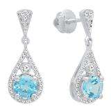 14K White Gold 5.5 MM Each Round Cut Blue Topaz & White Diamond Ladies Drop Earrings