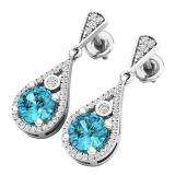 14K White Gold 5.5 MM Each Round Cut Blue Topaz & White Diamond Ladies Drop Earrings
