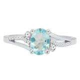 Sterling Silver 7X5 MM Oval Cut Aquamarine & Round Cut Diamond Ladies Bridal Engagement Ring