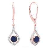 10K Rose Gold Round 5 MM Blue Sapphire & White Diamond Ladies Dangling Drop Earrings